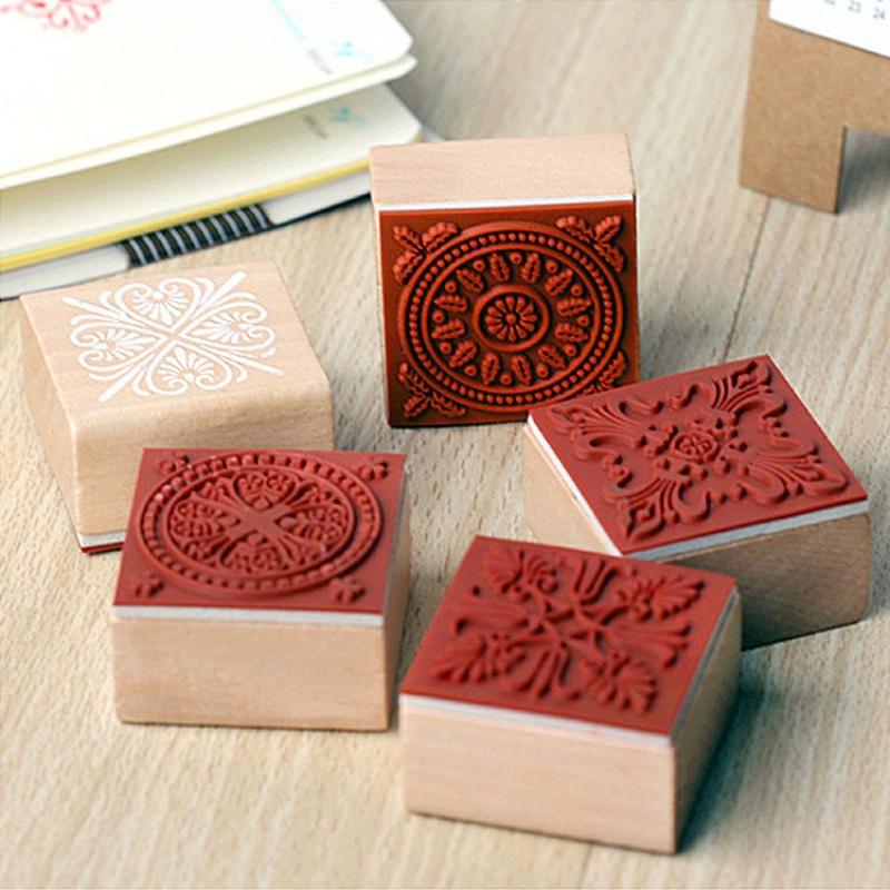 Office School Supplies Classic Wood Vintage Square Lace Seal Pack of 6 Kawai stationery lovely Assorted Stamp