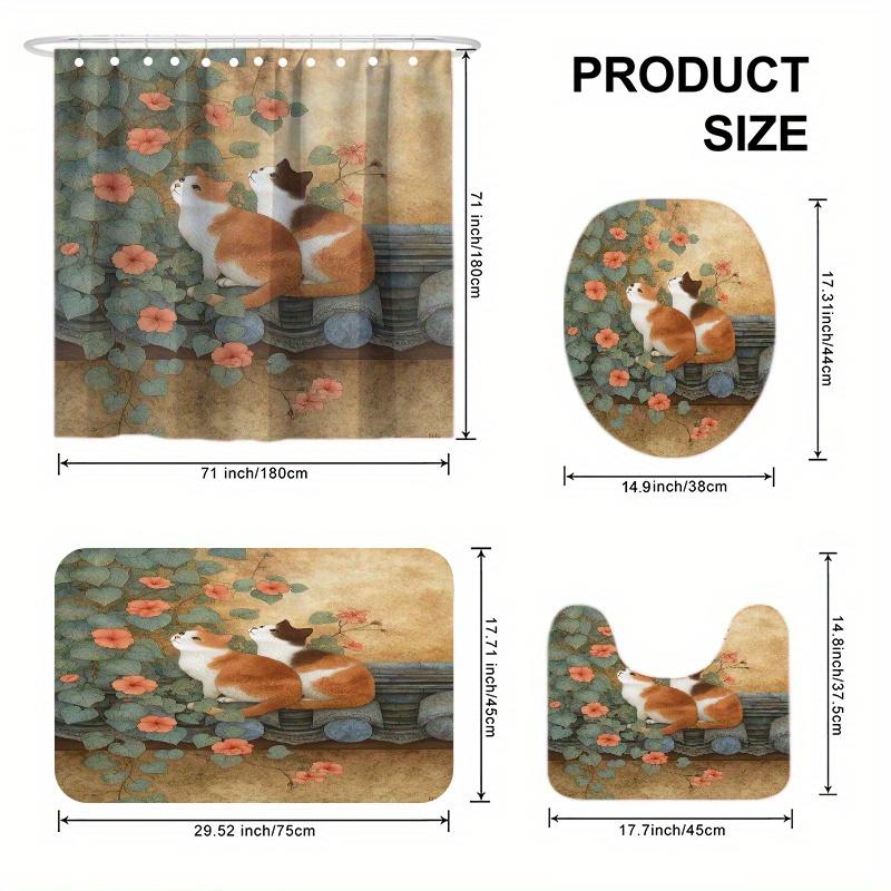 4pcs Floral Cat Spring 2D Flat Print Shower Curtain Set, Bathroom Decor Kit Includes Shower Curtain, Non-Slip Mat, Toilet Lid