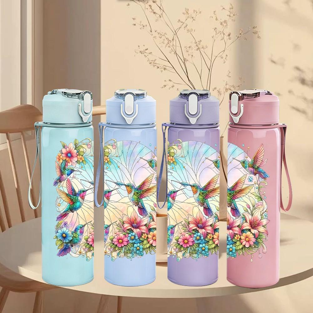 1PC Colorful Bird Butterfly Floral Print 750ml Color Plastic Sports Water Bottle Leakproof Flip Straw Lid Suitable for Sports Office Home Use