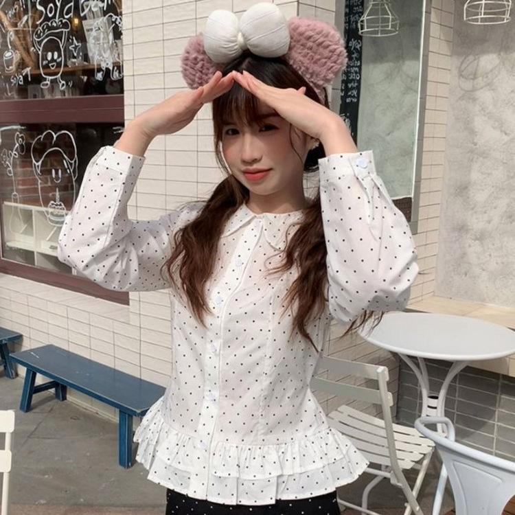 Korean Age-reducing White Polka Dot Doll Collar Shirt Women's Spring and Autumn Design Hem Lace Shirt Long-sleeved Top