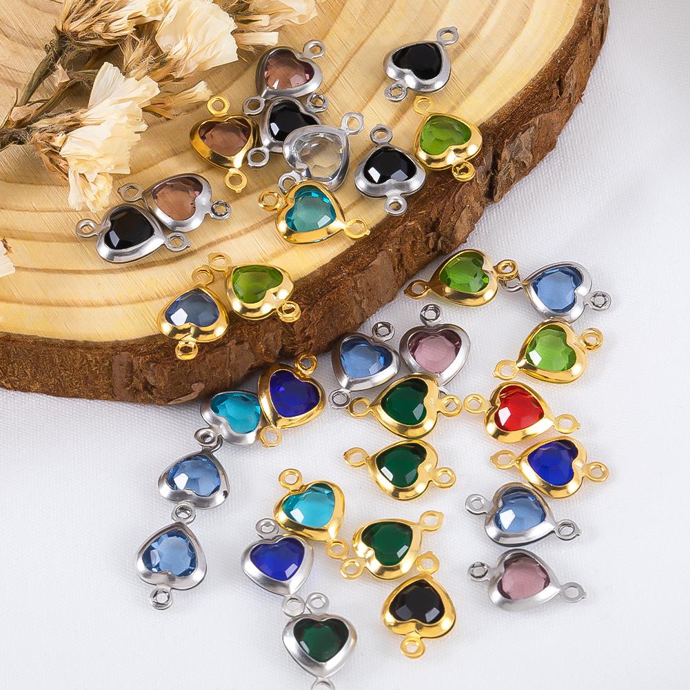 10pcs 7.5mm Stainless Steel Double Hole Heart Pendant Colorful Crystal Charms Connector for DIY Necklace Bracelet Jewelry Making