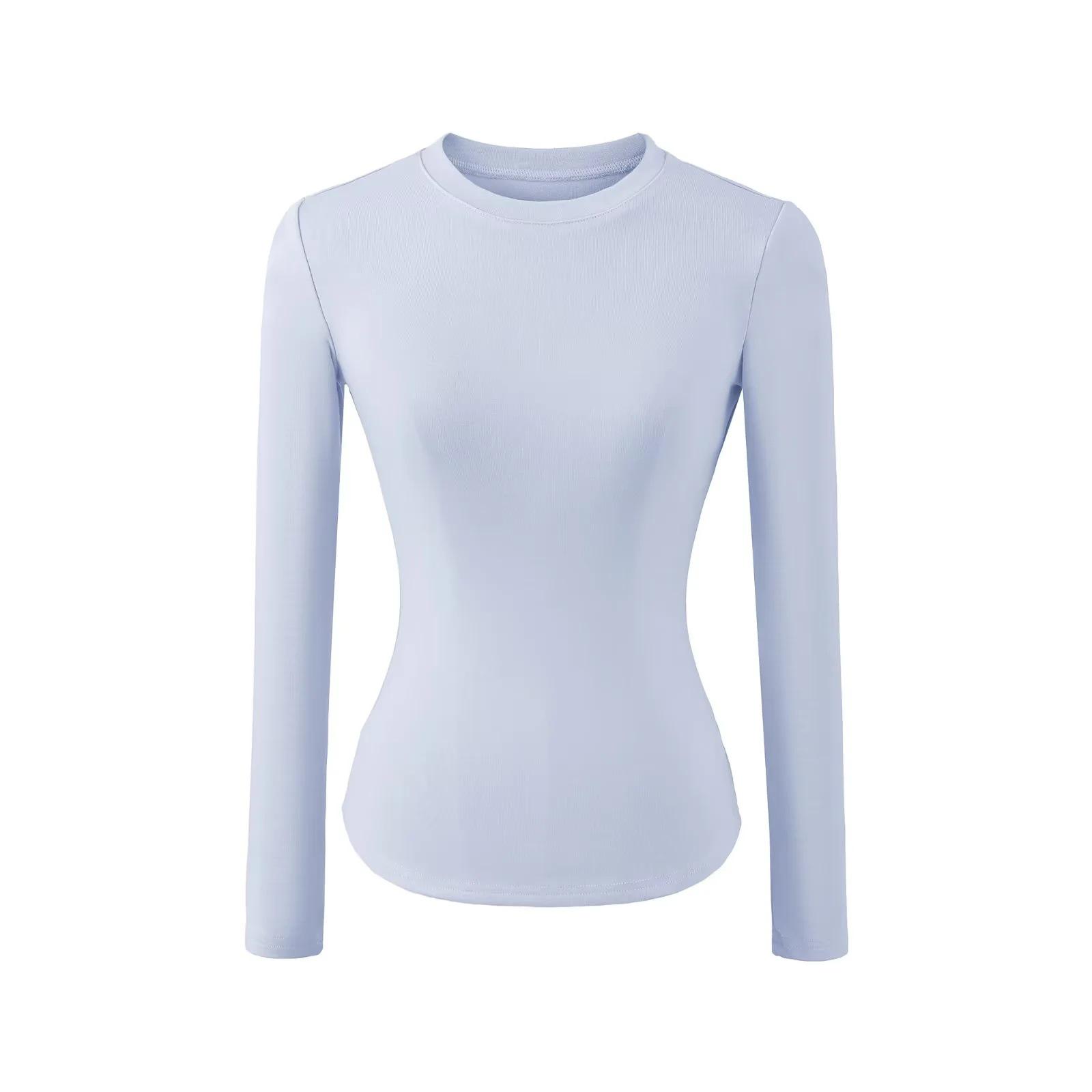 

Women s Spicy Girl Round Neck Long Sleeve Yoga Tee - Slim Fit, Solid Color, Elastic Base Layer Medium светло-синий