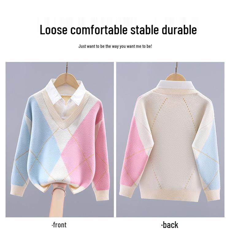 Girls' Knitted Two-Piece Sweater - Spring/Autumn Spliced Style for Children