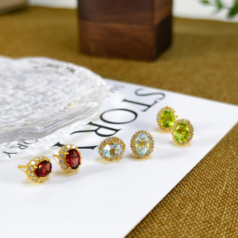 S925 Sterling Silver Earrings Women Natural Topaz Peridot Crystal Personality High Sense Ear Jewelry