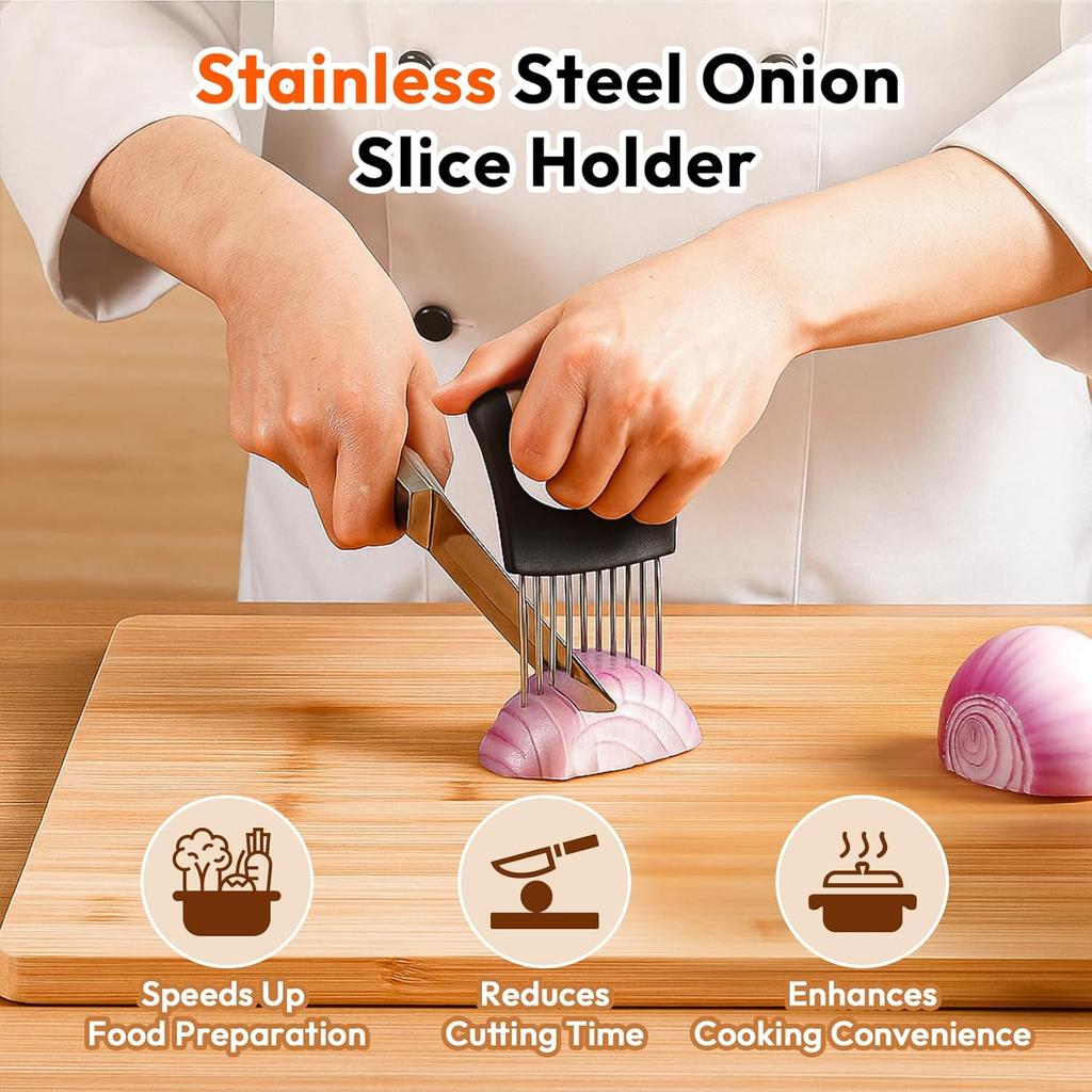 Onion Slicer, Stainless Steel Onion Holder for Slicing with Protective Case, Onion Cutter Tool for Meat Lemon Potato
