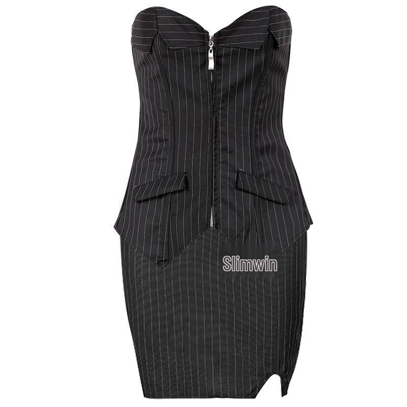 European & American Black Striped Corset Waist Slimming Shapewear with Zipper Bust Support - Tight-fitting Professional Suit.