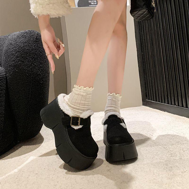 Keep Warm and Increase Height, Wear Velvet Cotton Shoes Outside 2025 Autumn and Winter New Models, Small Super Thick-soled Short Tube Fluffy Snow Bo