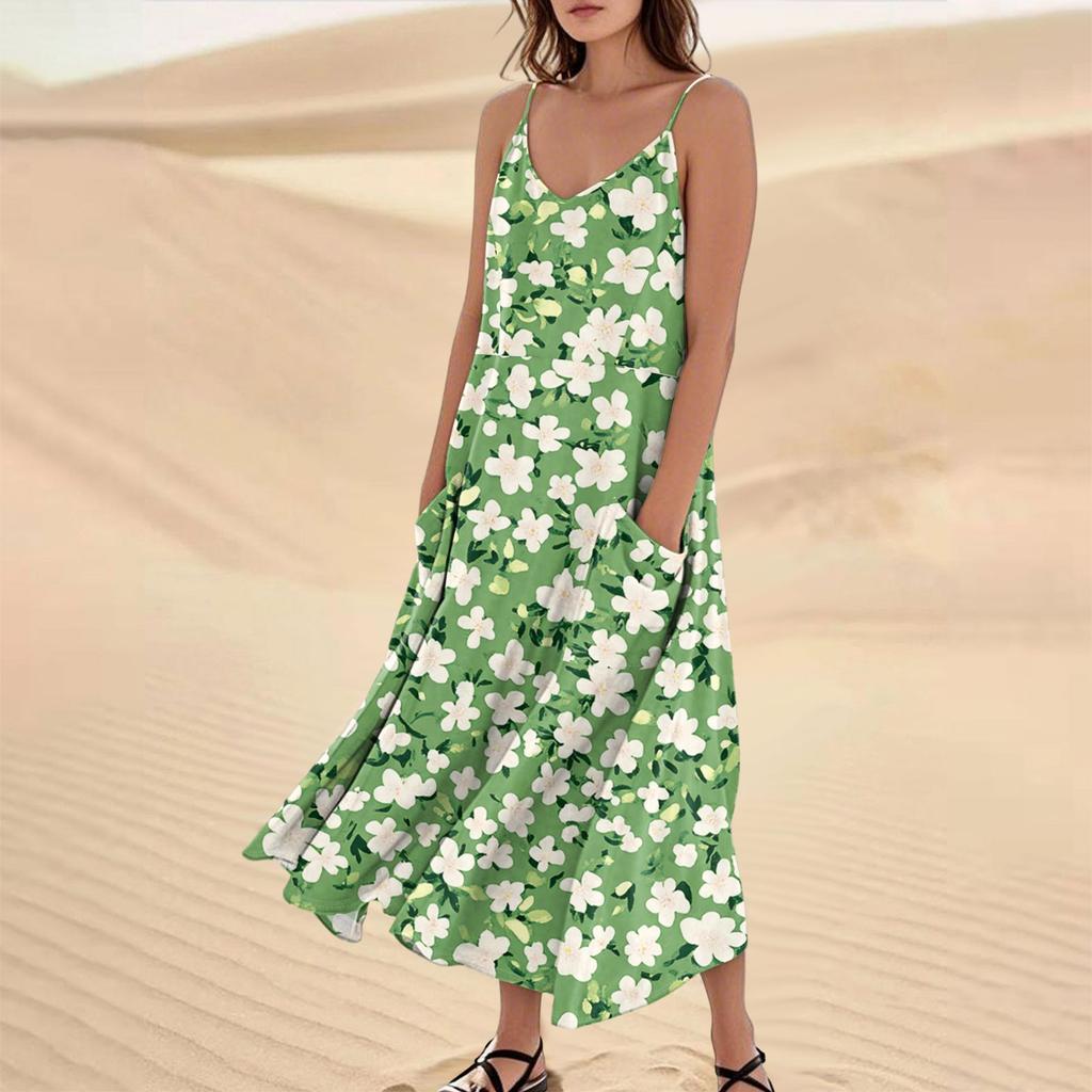 Damenmode Lässig Ärmellos Tasche Langes Strandkleid mit Blumendruck
