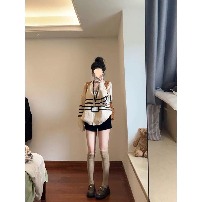 Вязаный кардиган в ретро-стиле преппи в полоску - Женский трикотаж для ранней осени M (recommended 95-105 jin)