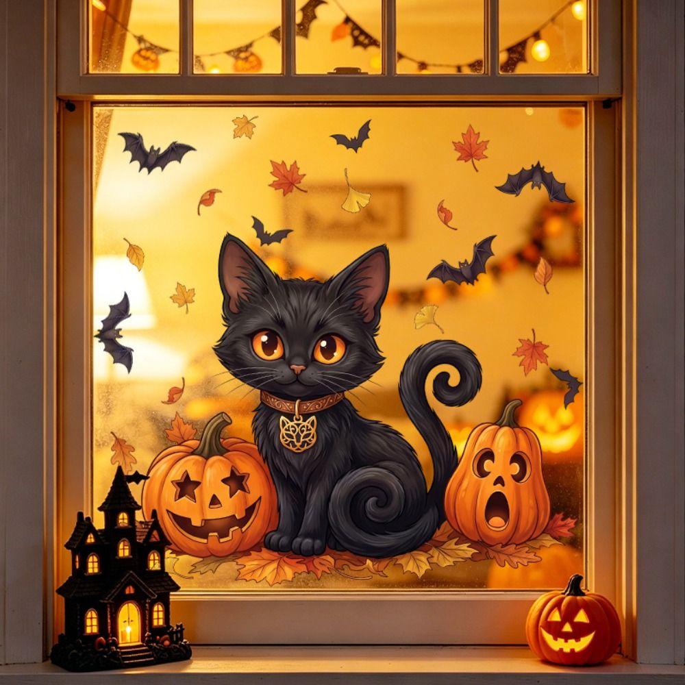 Static Cling Black Cat Window Sticker Removable Window Cling Sticker Halloween Decor