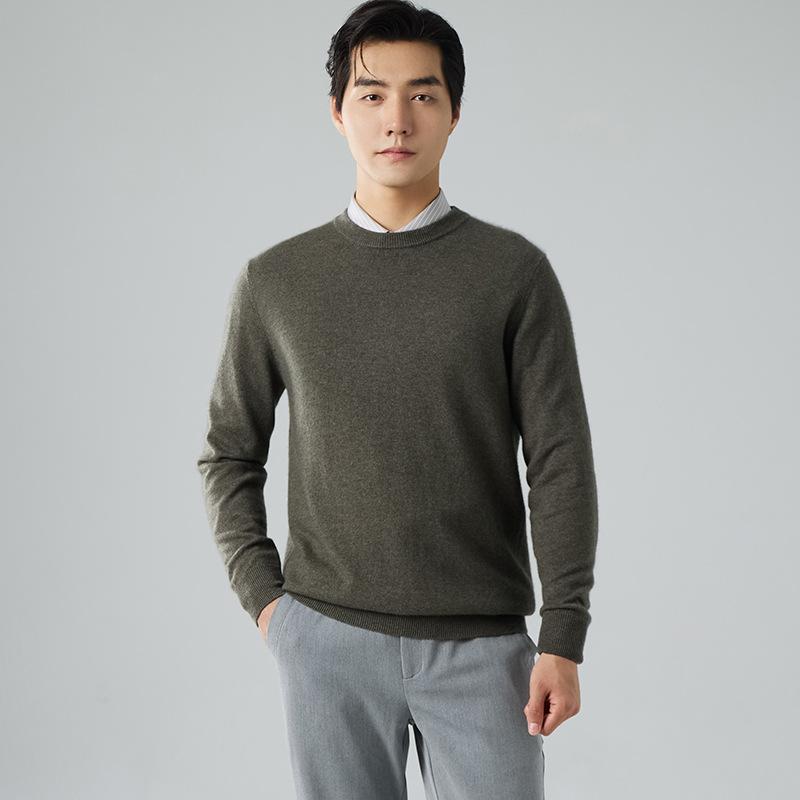 Crew neck cashmere shirt men's loose solid color sweater pullover with bottom knitted wool sweater