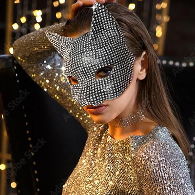 Sexy Glänzende Katzenohrmasken - Cosplay-fertig mit Bling-Handschuhen Kätzchen-Halbmaske für Halloween-Party Verwandle dich in eine Katzengöttin
