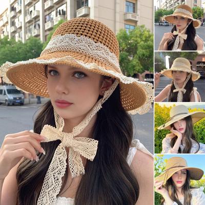 Beach Hat Natural High-Density Straw Fabric Sun Protection Wide Brim Dome Design Sun Hat Lace Bow Faux Pearls Decor Summer