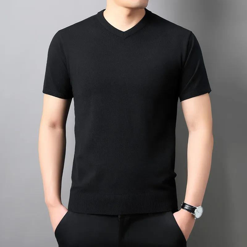 Men V-Neck Pullover Short-Sleeved Sweater 2026 Spring Summer New Knitwear Solid Color Trend Tops Male Oversized T-Shirts 6Xl 8Xl
