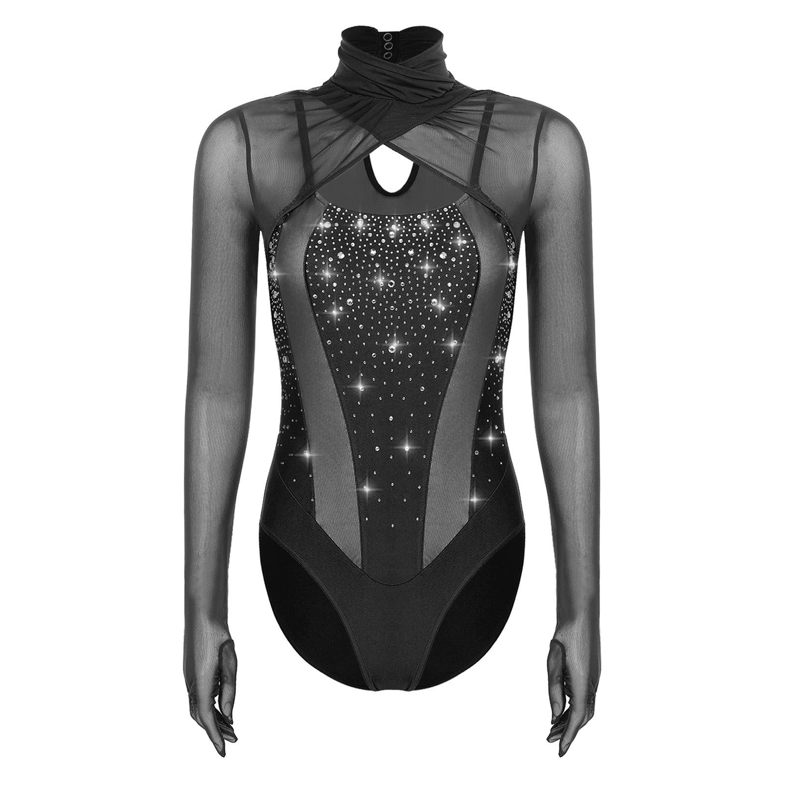 

Womens Figure Skating Leotard Sheer Mesh Patchwork Mock Neck Long Sleeves Sparkle Rhinestone Bodysuit S чорний