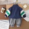 Boys' long sleeved 3-piece set, Children's zipper striped jacket, round neck white letter T-shirt, Casual pants