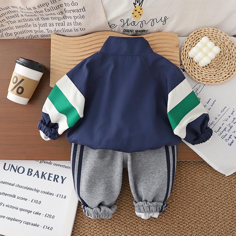 Boys' long sleeved 3-piece set, Children's zipper striped jacket, round neck white letter T-shirt, Casual pants