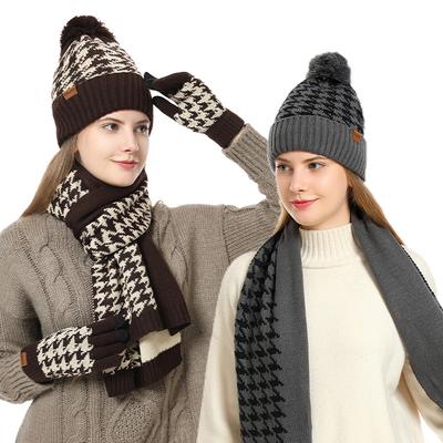 Winter New Knitted Wool Warm Windproof Scarf Versatile Thousand Bird Grid Hat Scarf Gloves Three-piece Set