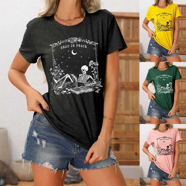 Summer new crewneck Womens casual Tshirt read in peace skull print loose shortsleeved fashion top with all the trend pullove