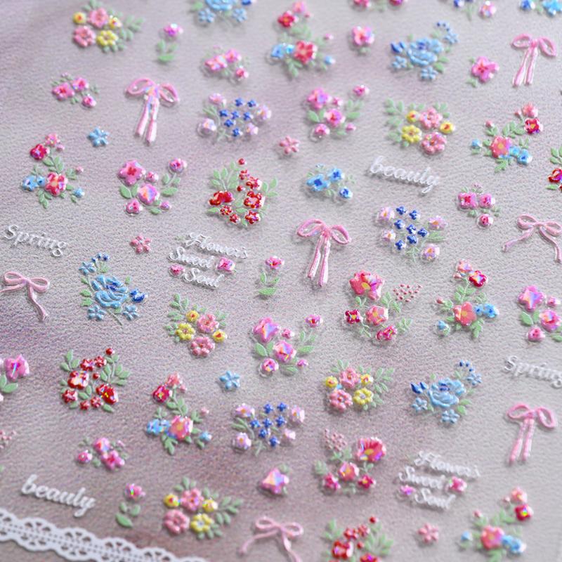1 Sheet 3D Spring Flower Series Nail Stickers Colorful Rose Bouquet Nail Decal Self-Adhesive Daisy Ribbon Bow Manicure Sticker
