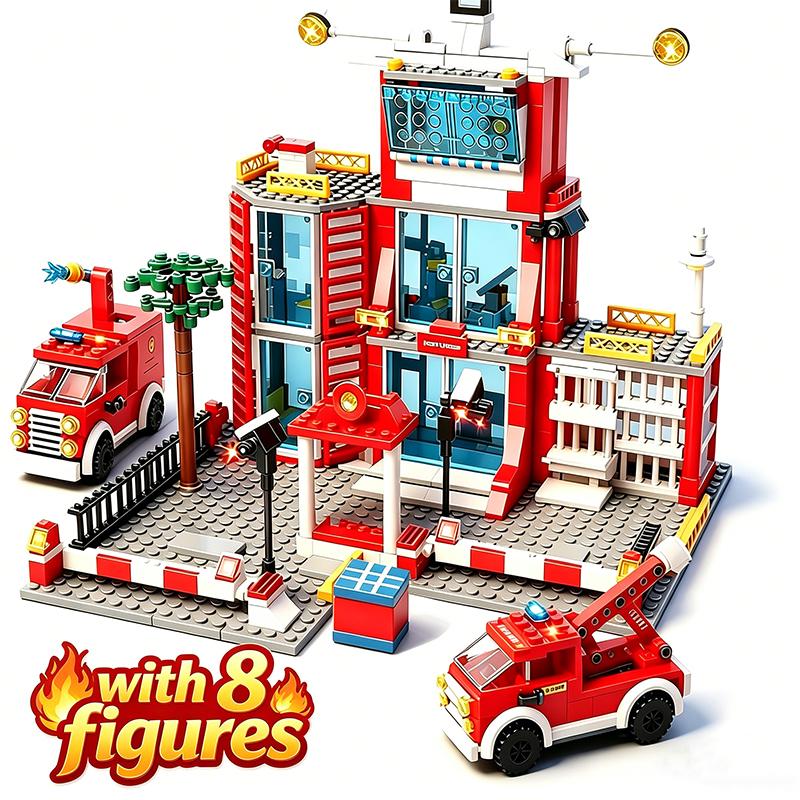 Urban Brick Playset Fire Station Brick Playset Fire Truck Brick Playset DIY Block Bricks Childrens Toys  Playsets Christmas Holiday Gift Present