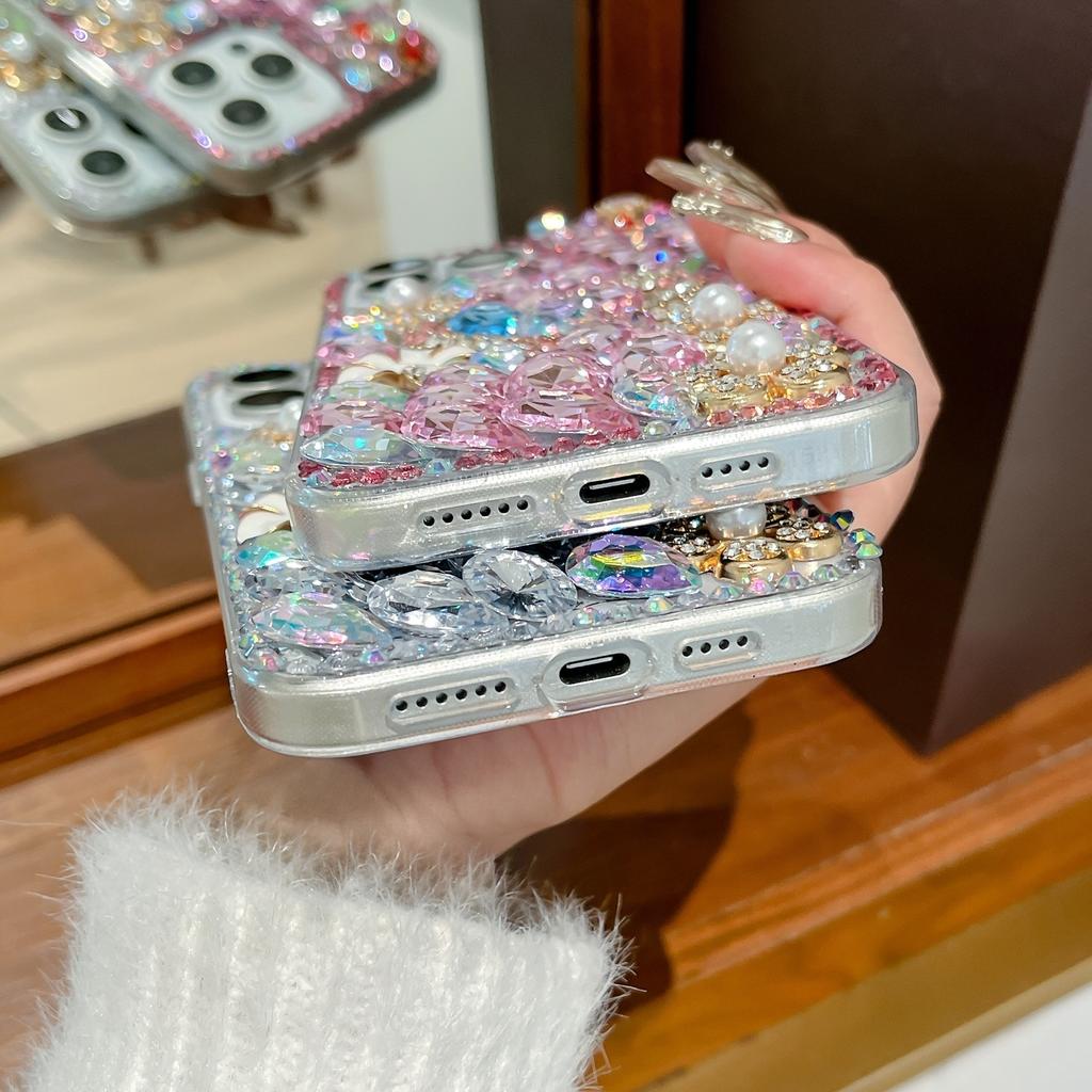 Luxury 3D Bling Glitter Crystal Rhinestone Heart Floral Phone Case For iPhone 17 16 15 14 13 12 11 Pro Max Air Mini 16e 8 7 Plus X XS XR