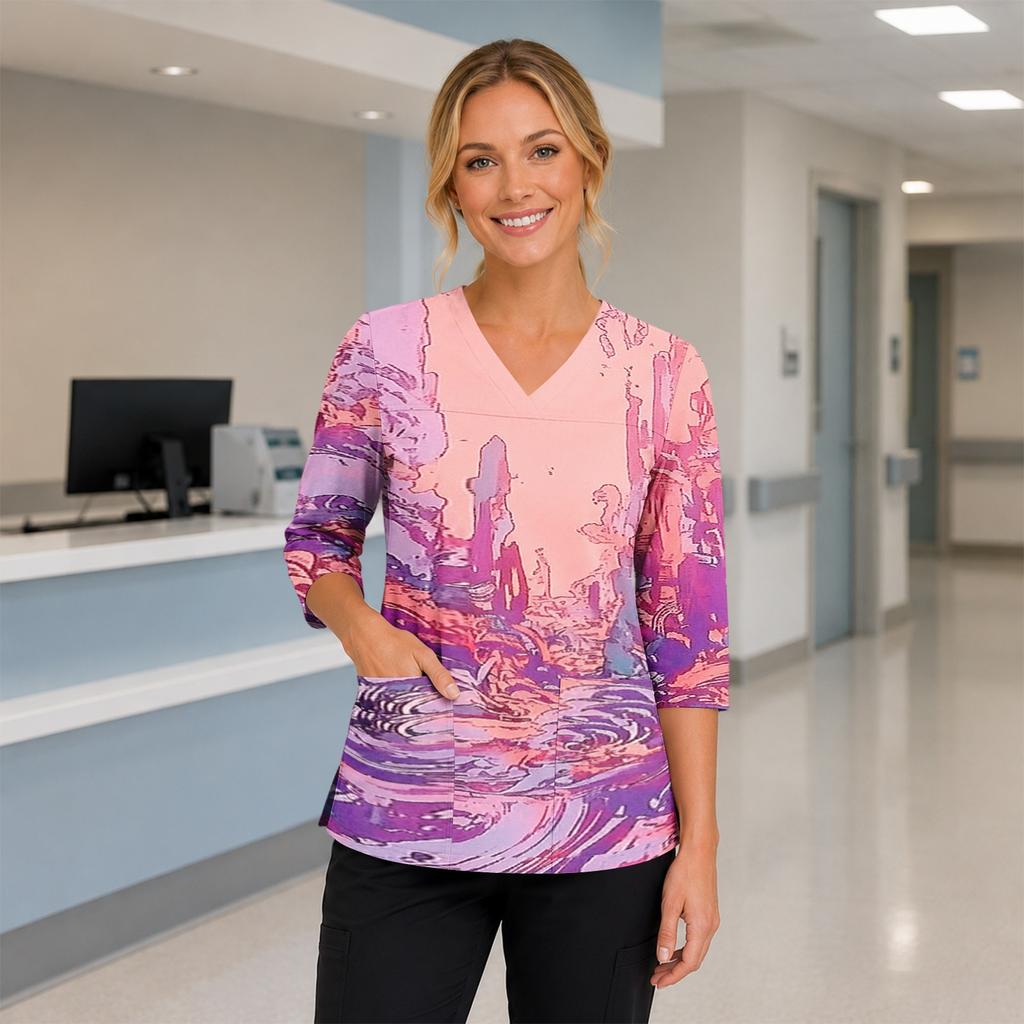Women's Floral Print V-Neck Scrub Top with Pockets Side Slit Three-Quarter Sleeves