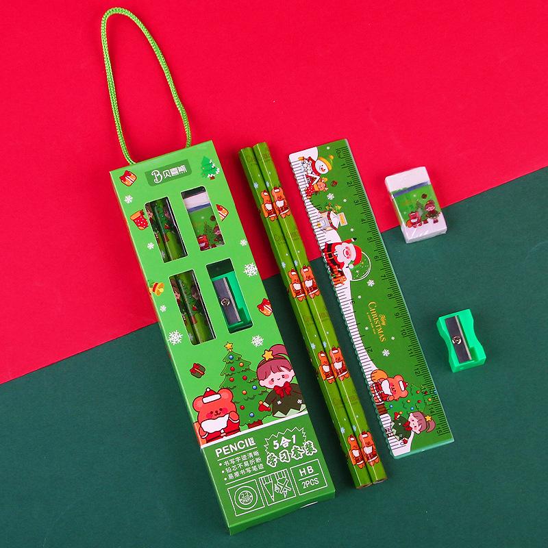 5 Pcs Christmas Stationery Set Kids Cartoon Pencil Set Rubber Pencil Sharpener Set For Kids Gift Back To School Supplies