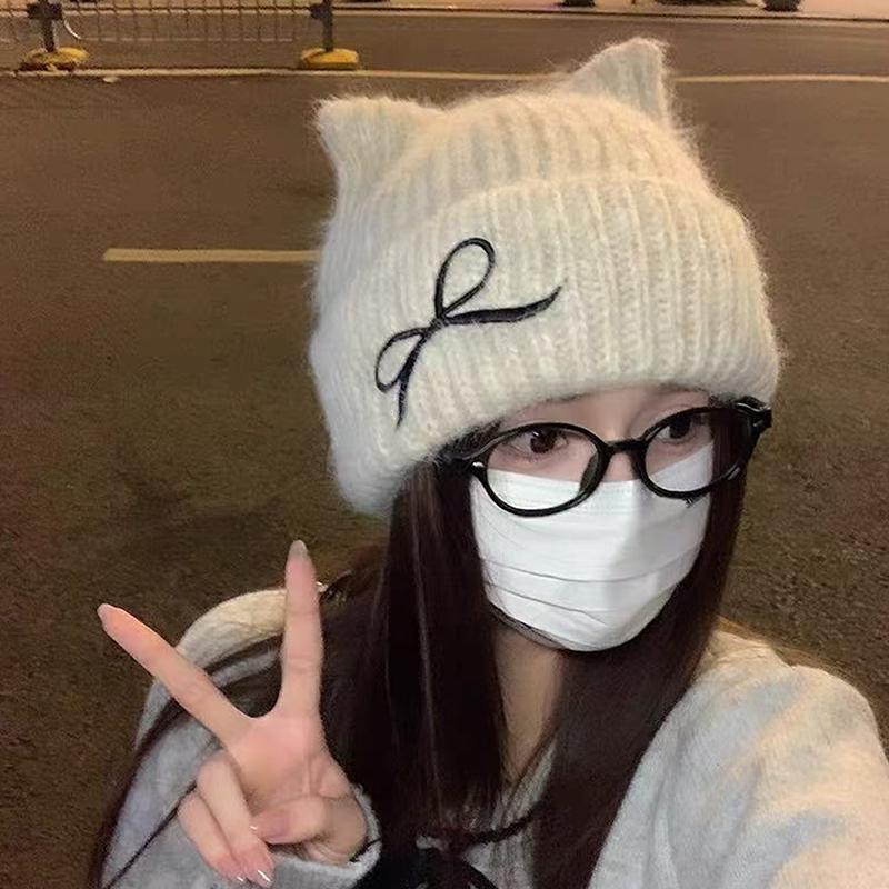 

Girls Hats Cute Cat Ears Autumn And Winter New Knitted Hats Winter Warm Bows Small Hats Cold-proof Warm Hats 1PC хакі