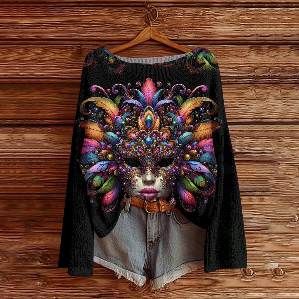 Women's Fashion Round Neck Long Sleeve Print Casual Pullover Sweater Top