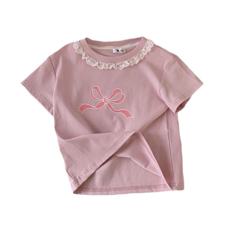 Girls' Casual Cotton Short-sleeved T-shirt For Summer, Cute Little Bow T-shirt For Children