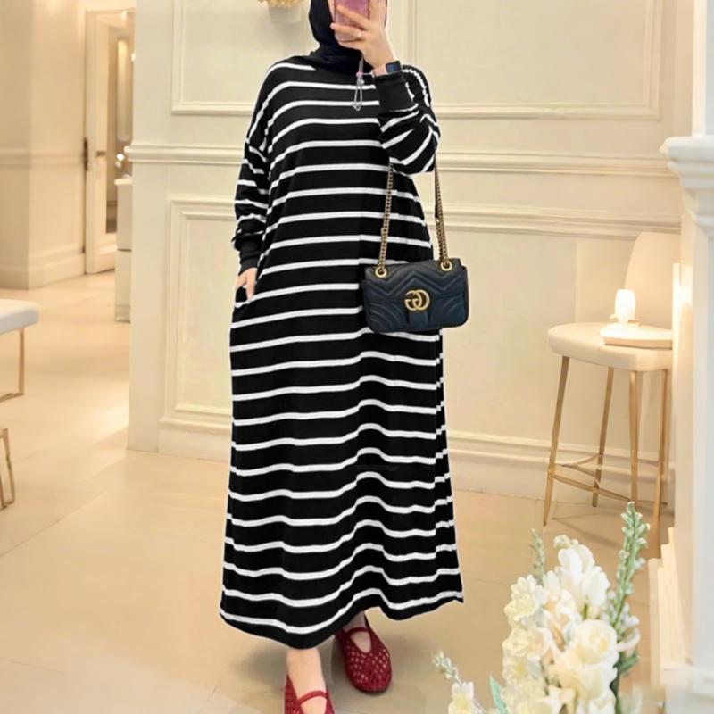 ZANZEA Women Muslim Casual Stripe Print Loose Long Sleeve Dress