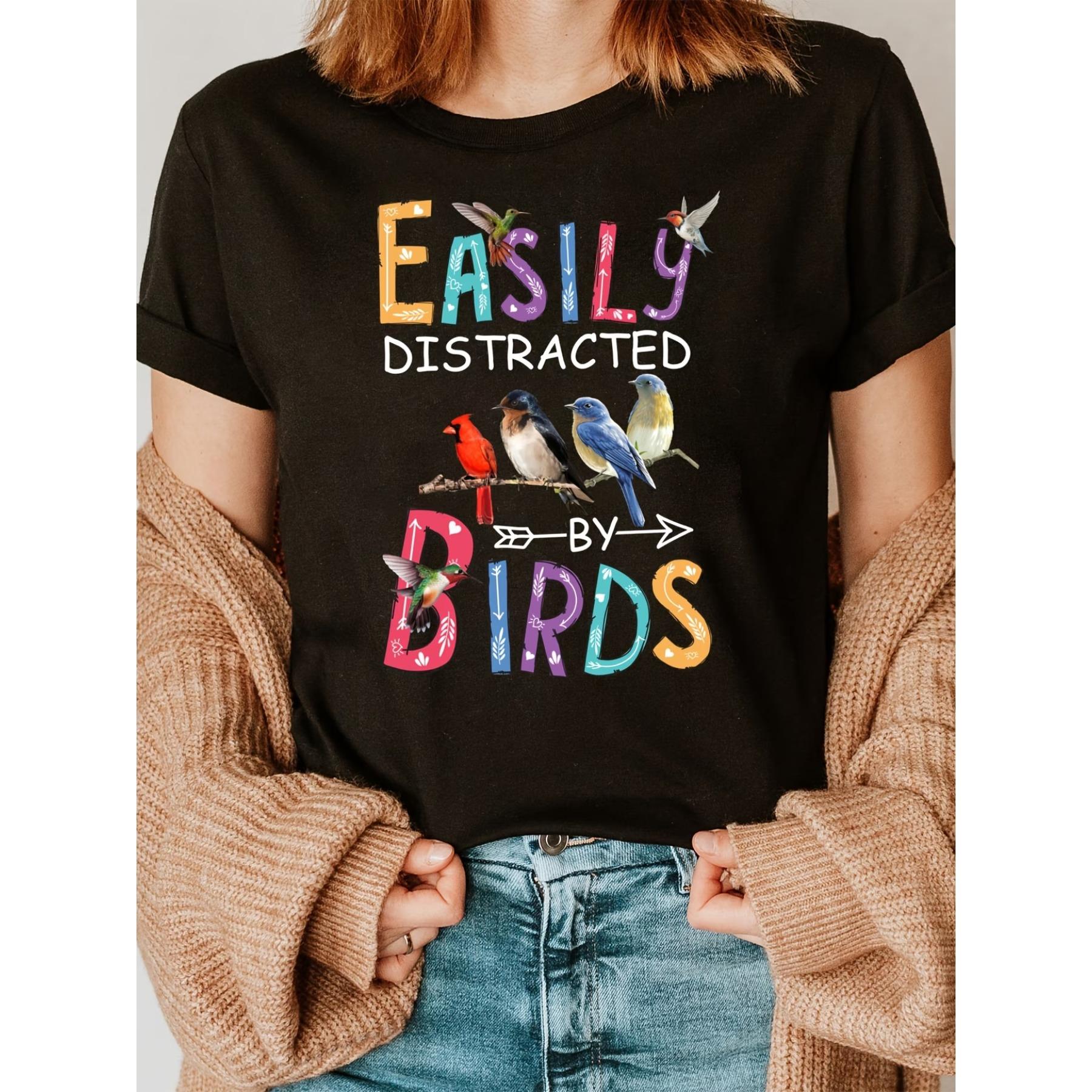 

Шикарная футболка с птичьей тематикой для женщин - Повседневная с круглым вырезом, с коротким рукавом, с веселым принтом букв, идеально подходит для весны и лета S чёрный