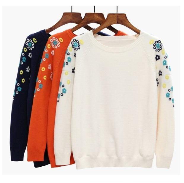 2026 Autumn Women's Korean Style Embroidered Knit Sweater - Long Sleeve, Round Neck, Thin Outerwear