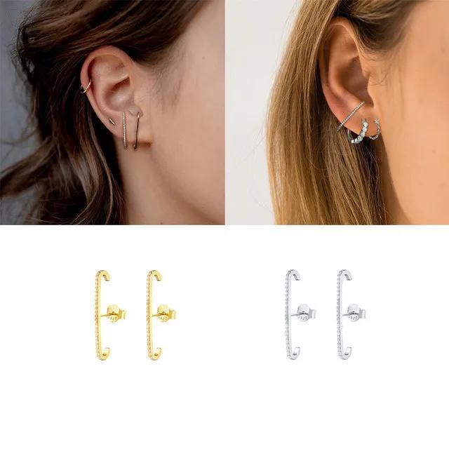 European and American Minimalist Single Row Crystal Zircon Stud Earrings for Women Geometric E Shape Vintage Jewelry