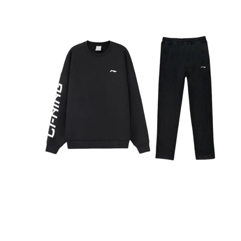 Li Ning Training Series Fleece Letter Print Crew Neck Pullover Sweatshirt Comfortable Simple Straight Leg Mid Rise Long Pants Set YKLT415-1+-AWDRF44-2