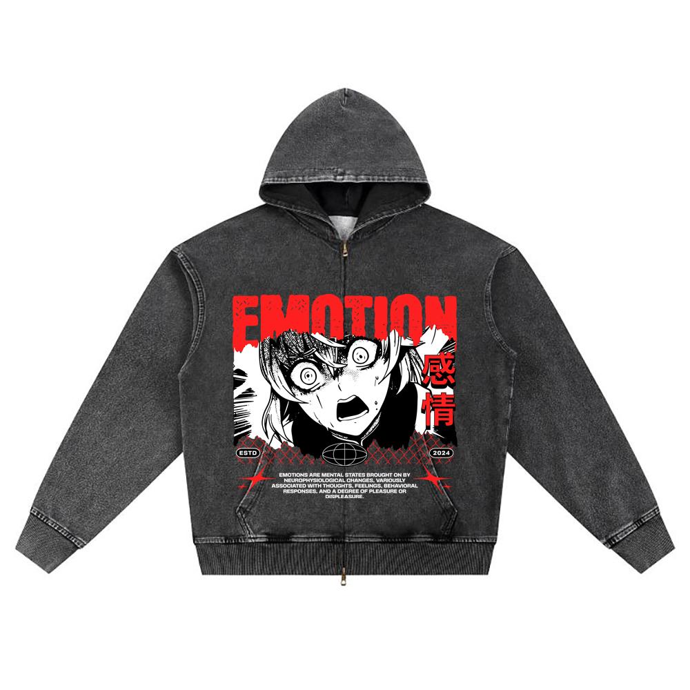 

DTG print Knitted Denim Zip-Up Hoodie Emotion Anime Brother Print Zipper Hoodies S