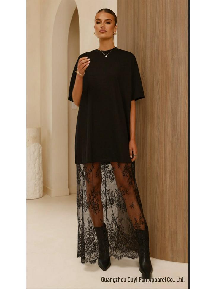 Elegant Lace Patchwork See-Through Hem T-shirt Dress - Casual Short-Sleeved Style