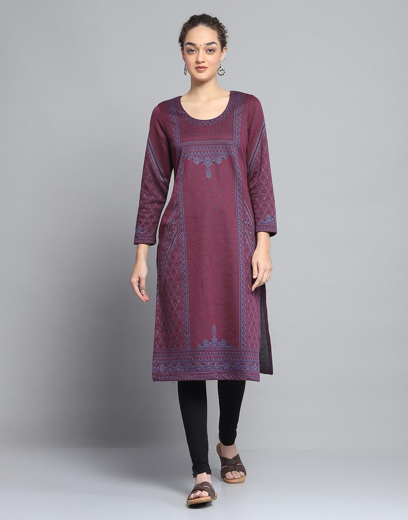 MONTE CARLO Womens Self Design Wine Round Neck Full Sleeve Kurti
