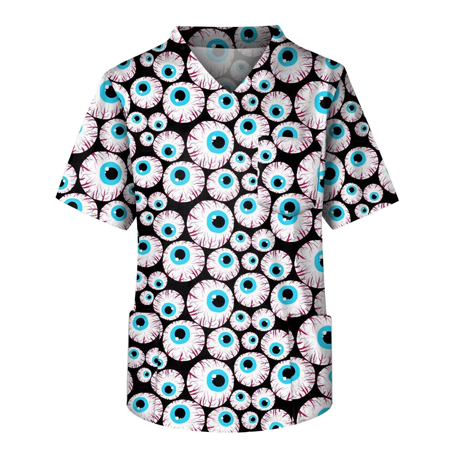 

Plus Size Halloween Printed Scrub Working Uniform Tops For Men s Cross V-Neck Short Sleeve Fun T-Shirts Workwear Tee With Pockets XL