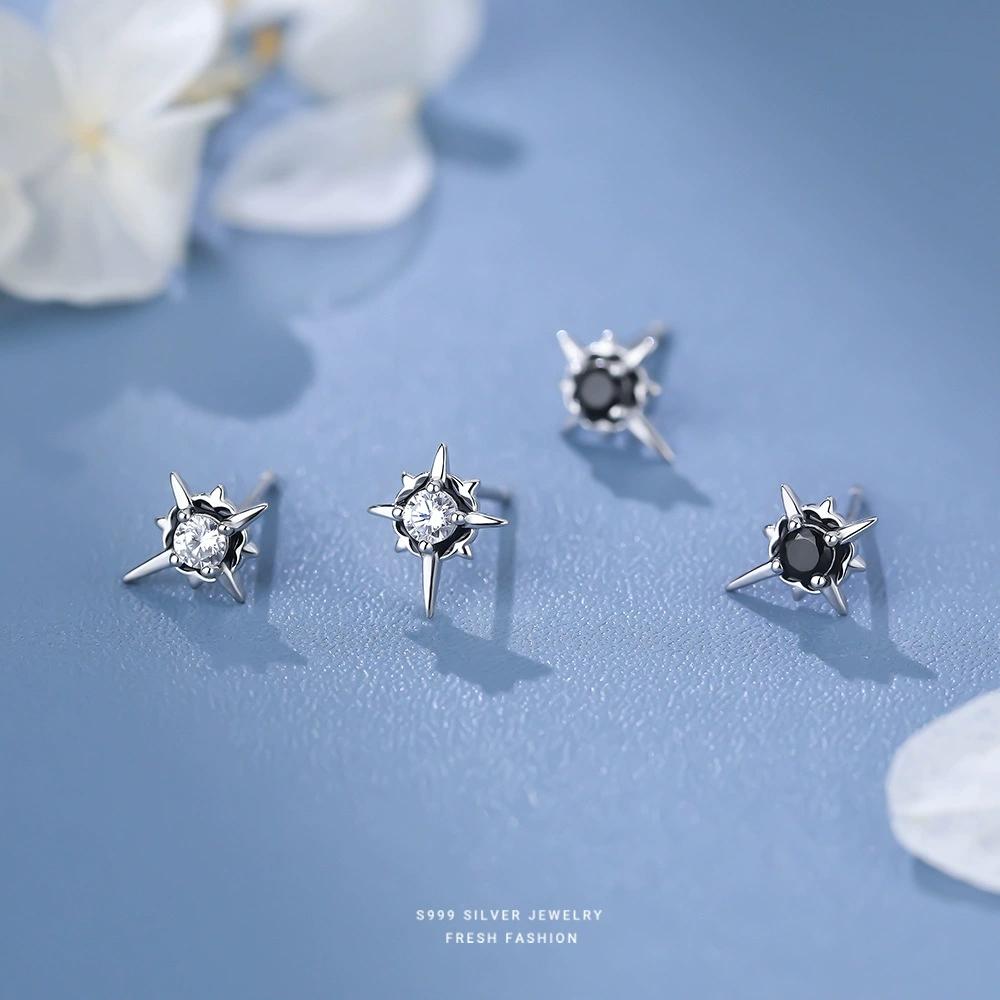 F5870-Trendy Octagram Zircon Stud Earrings for Women S999 Pure Silver Versatile Personality High Street Style Sterling Silver
