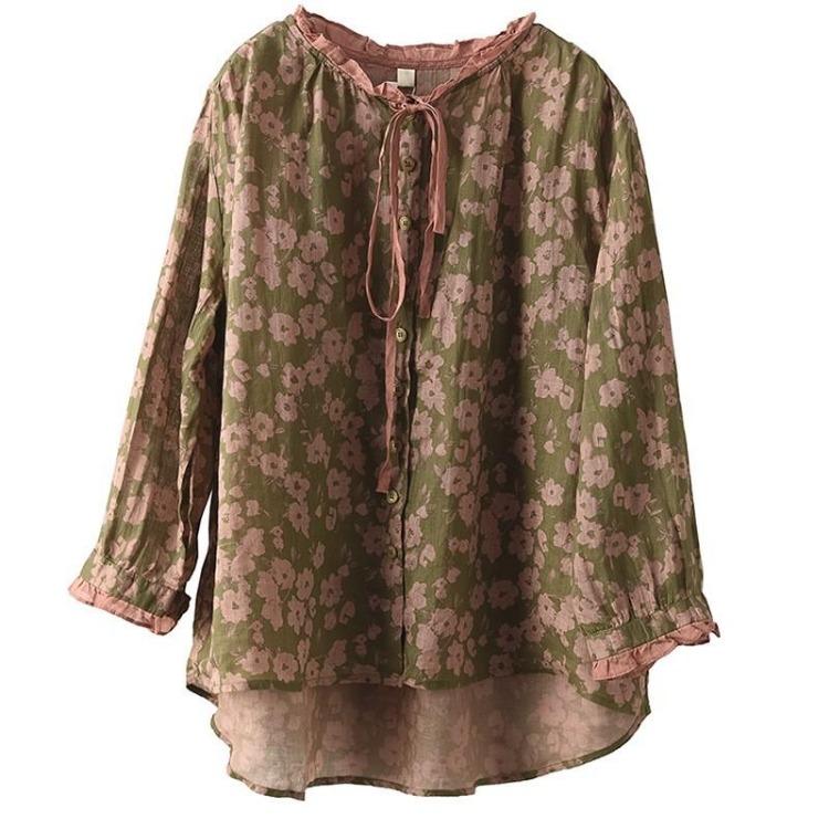 Vintage Chinese Style Floral Print Ramie Blouses Women Long Sleeve Button Tops Fall Shirts