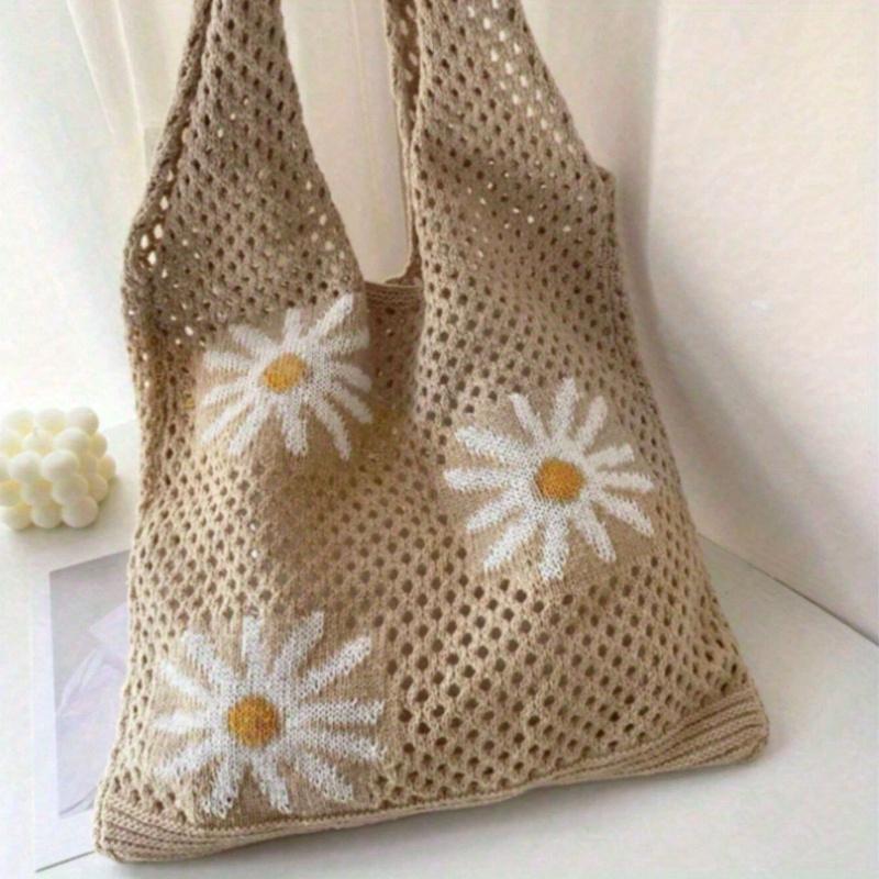 Large Capacity Floral Pattern Crochet Tote Bag - Fashionable Y2K Design, Soft Fabric Lining, Printed Pattern