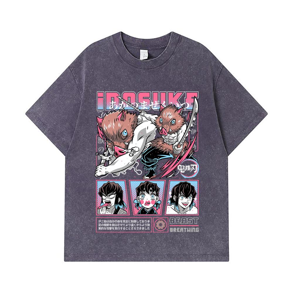 275 GSM Washed T-shirts 100% Cotton Demon Slayer V28 Inosuke Print Unisex Heavy Cotton T Shirt