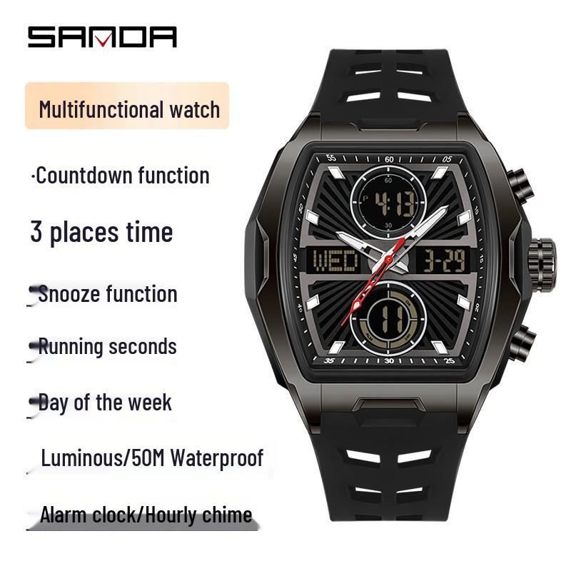 SANDA Youth Barrel-Shaped Sports Watch: Stylish, Multifunctional, Waterproof, and Countdown Features.