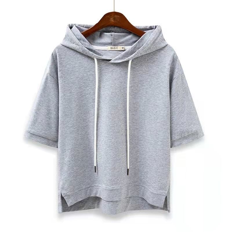 Short-sleeved Sweater Women s Loose Solid Color Half-sleeved Split-ended Five-quarter-sleeved Hooded T-shirt Top M серый 1290₽