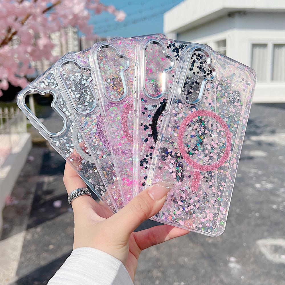 KEYSION Luxuxy Glitter Magnetic Phone Case for MagSafe for Samsung A55 5G A35 A25 5G TPU+PC Shockproof Cover for Galaxy A15 4G 5G
