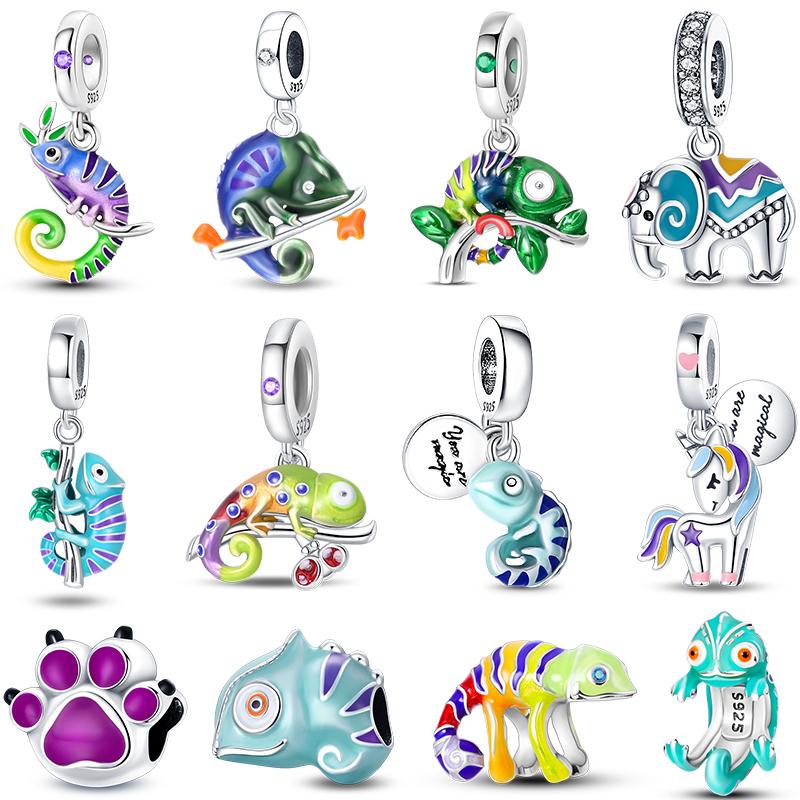 100% S925 Silver Temperature Change Color Chameleon Elephant Trendy Charms Fit Pan Original Bracelets DIY Fine Jewelry Gifts