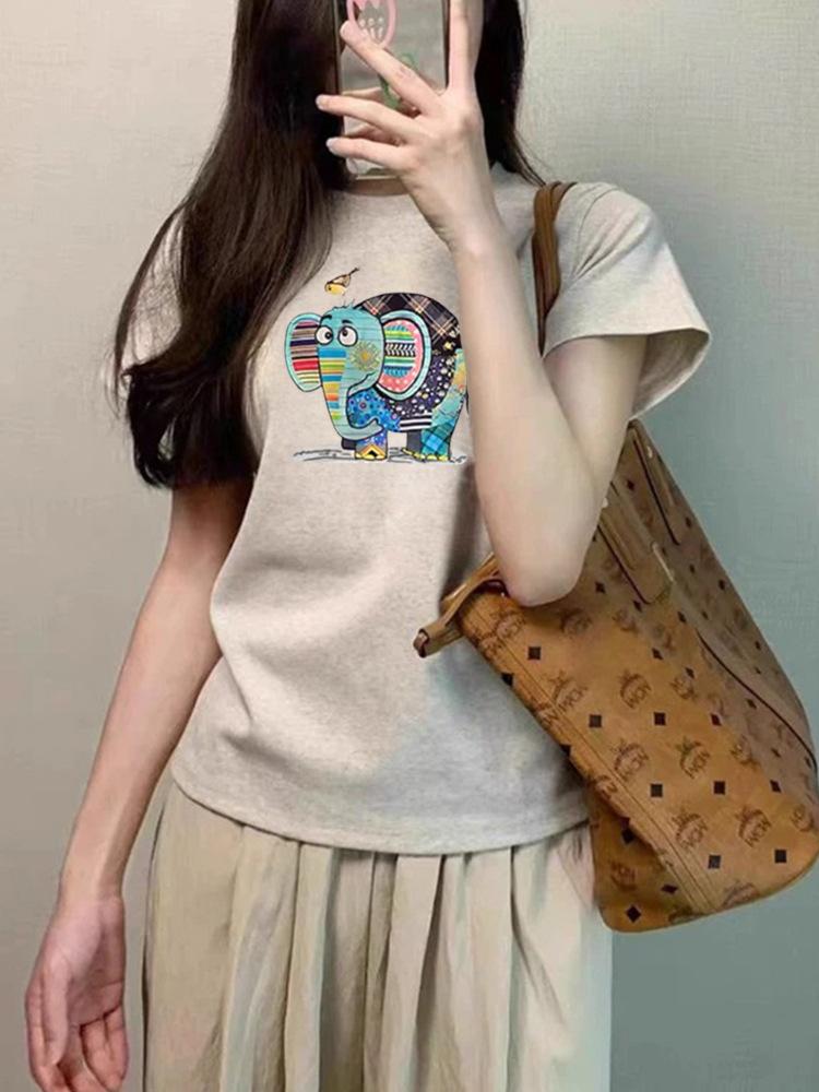 Summer new cartoon cute baby elephant printed short-sleeved T-shirt women's fashion versatile casual top bottoming shirt