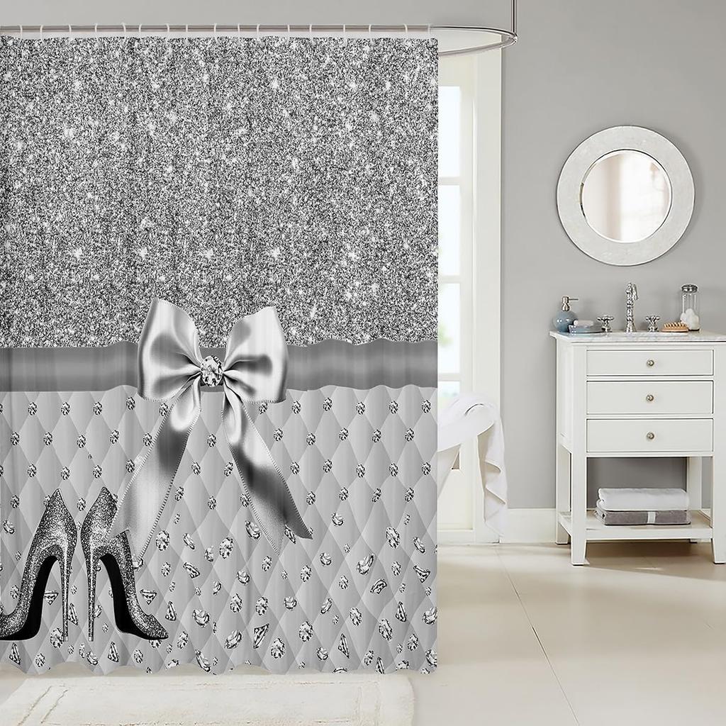 Silver Glitter High Heels Shower Curtain Glamour Bow Diamond Design Bathroom Decor Linen180X230